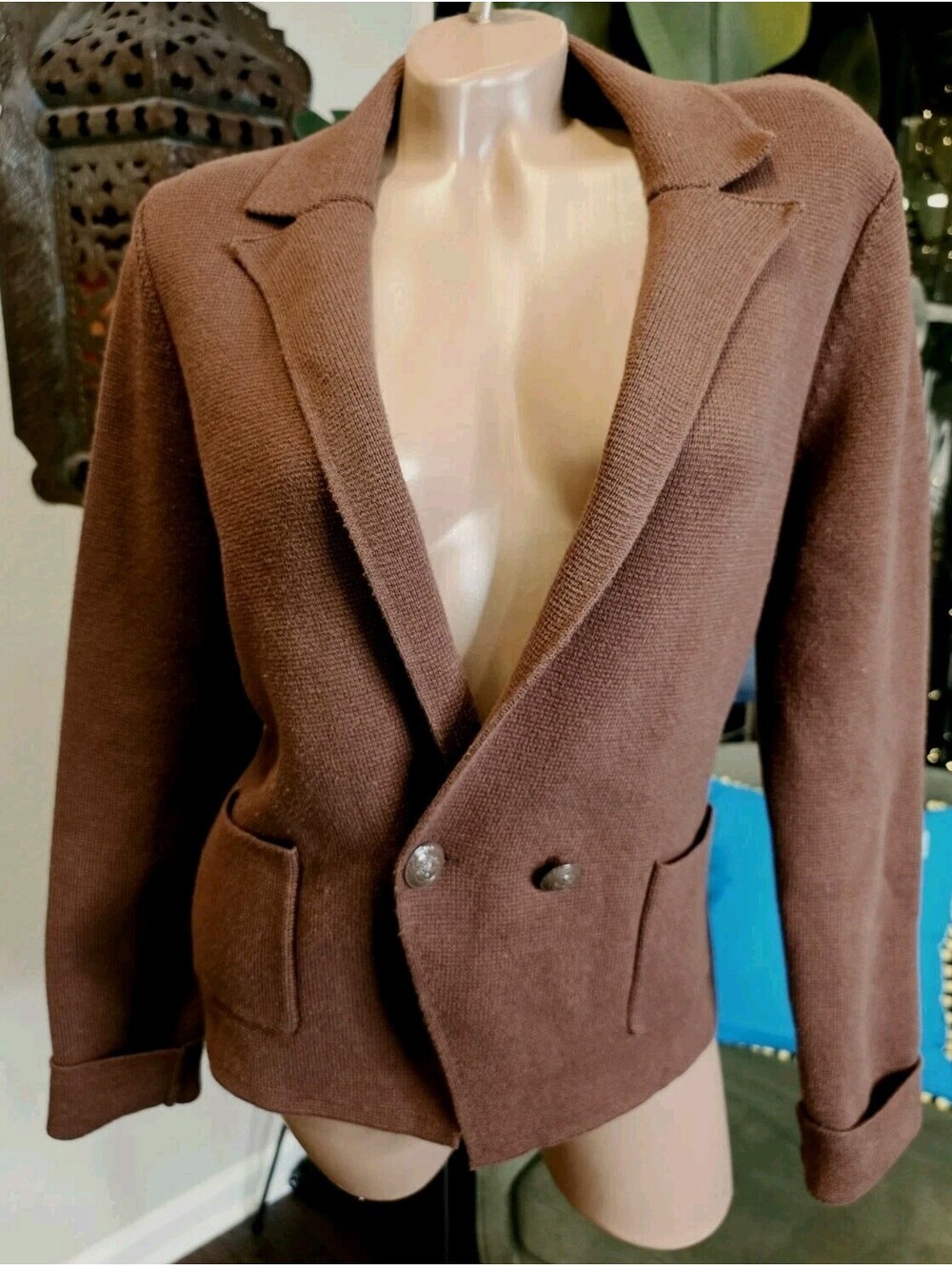 L'AGENCE Brown Knit Blazer Jacket Cardigan Size L Single Button Patch Pockets